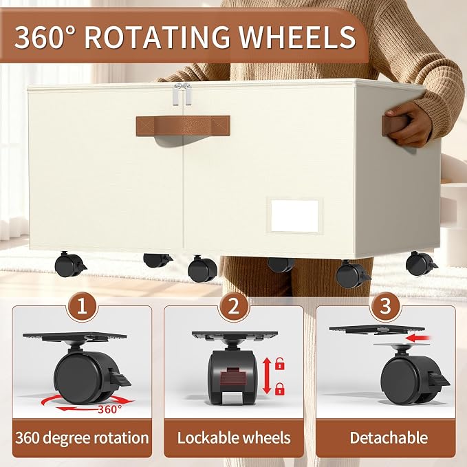 Foyego 2 Pack Shoe Organizer for Closet, Shoe Storage with Wheels, Beige | Fits 48 Pairs, with Adjustable Dividers and Clear Cover, Saving Space Foldable Fabric Closet Shoe Storage Organizer Box Bins