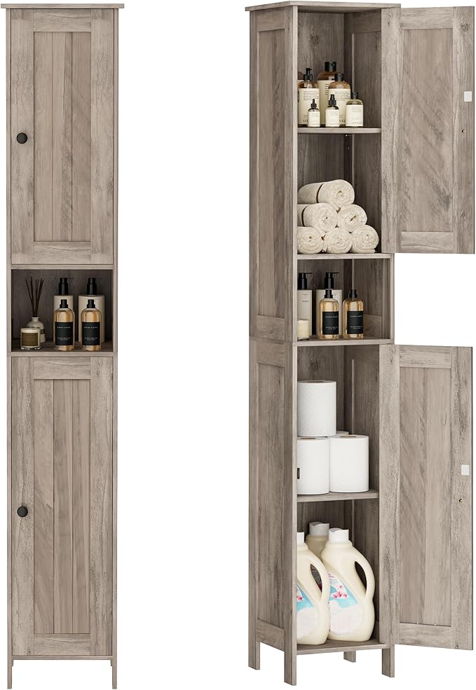 Homleke Tall Bathroom Storage Cabinet with 2 Doors, Slim Bathroom Cabinet | Narrow Storage Cabinet with Adjustable Shelves, Anti-Tip Design, Reversible Door, Easy Assembly, Greige, 11.8''W