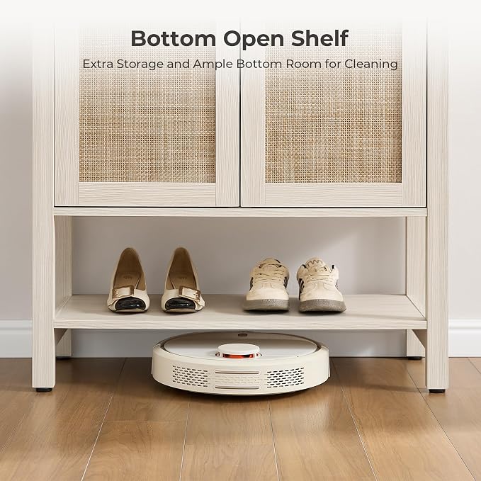 SICOTAS Rattan Shoe Cabinet with Storage, 5 Tier, 3 Pieces | Farmhouse Shoe Organizer with Doors & Shelves, Free Standing Shoe Rack Cabinet for Entryway, Living Room (White Cream Oak)