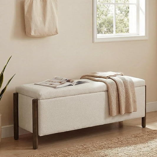 Usaint Wooden Storage Ottoman Bench, 47" Fabric Upholstered End of Storage Bench with Rubberwood Legs, Entryway Bench with Storage for Bedroom, Living Room, Reception, Cloakroom, Beige