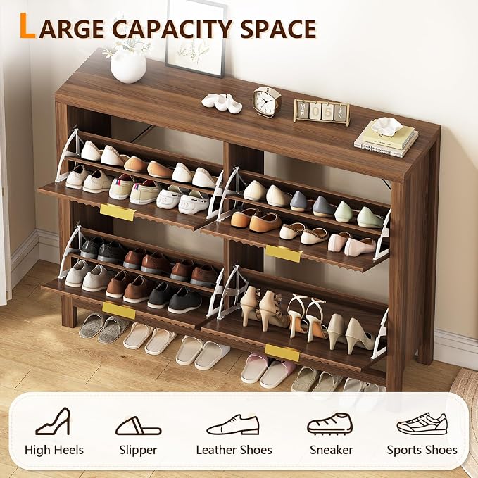 47" Fluted Shoe Cabinet Stoarge with 4 Flip Drawers for Entryway, Hallway | Hidden Shoe Rack Slim Freestanding Shoe Organizer with Legs for Hallway, Living Room, Walnut