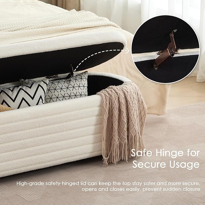 53" Storage Bench Teddy Ottoman Bench Upholstered Fabric Bench End of Bed Stool with Safety Hinge for Bedroom, Living Room, Entryway, White