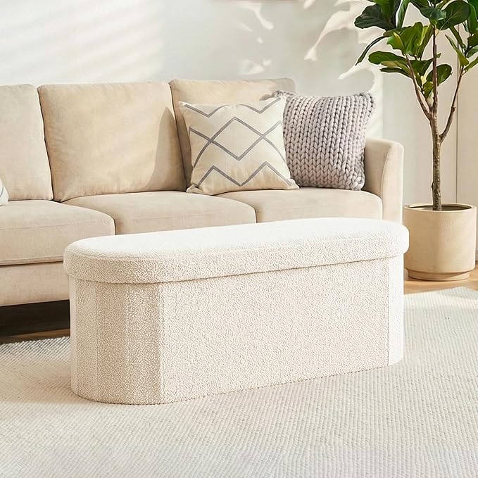 43 Inches Oval Ottoman with Storage, Boucle Sherpa Storage Ottoman Bench, Folding Foot Rest Chest for Bedroom Living Room