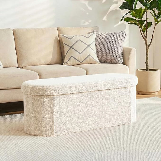 43 Inches Oval Ottoman with Storage, Boucle Sherpa Storage Ottoman Bench, Folding Foot Rest Chest for Bedroom Living Room