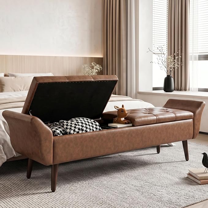 Storage Ottoman Bench 64’’ Leather End of Bed Bench Easy-to-Assemble