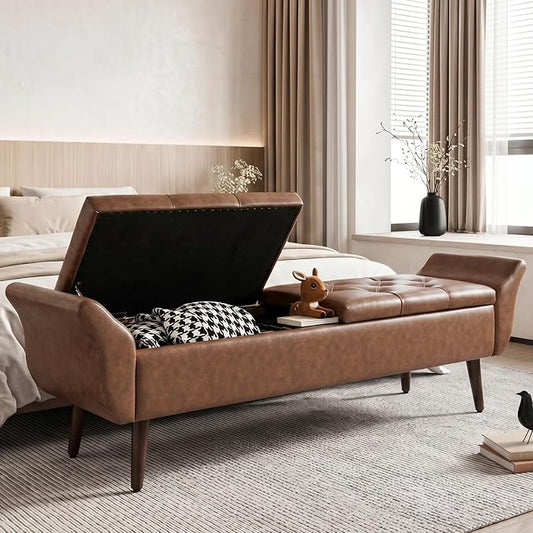 Storage Ottoman Bench 64’’ Leather End of Bed Bench Easy-to-Assemble