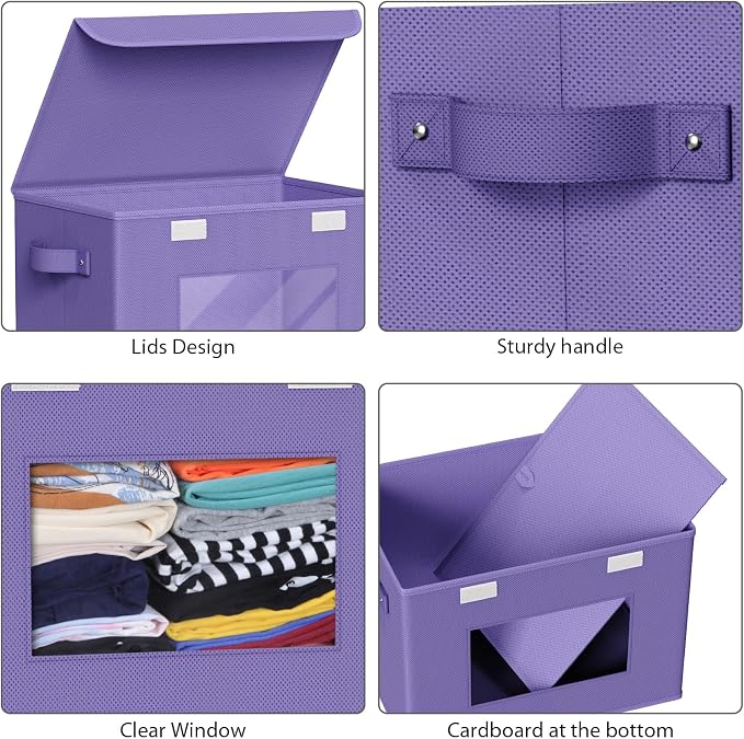 Univivi Fabric Foldable Storage Bins with Lids, 4 Pack, Purple | Stackable Closet Storage Bins, Fabric Closet Organizers and Storage with Lid & Clear Window for Home, Office, Bedroom