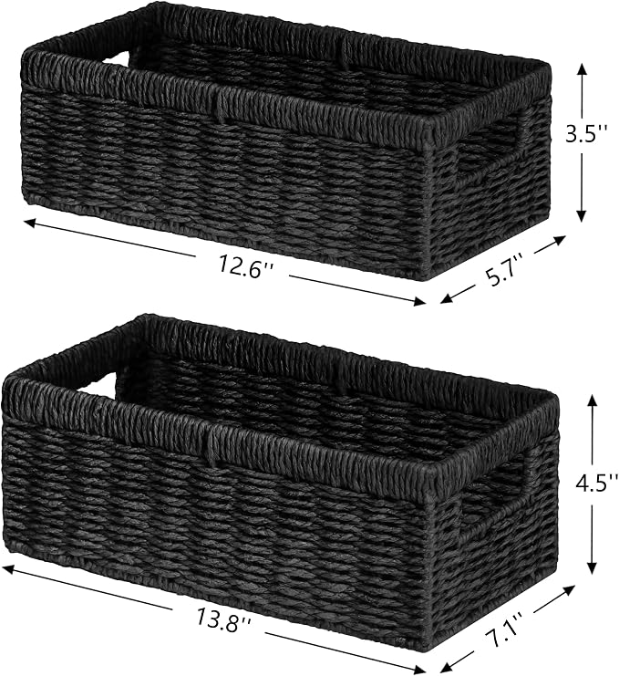 Wicker Storage Basket, Set of 2 Hand-Woven Paper Rope Wicker Baskets for Organizing Decor Storage Bins for Counter Shelves Pantry Basket Small Toilet Paper Basket for Toilet Tank Top, Black