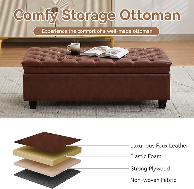 WUTUTUEE 50" Faux Leather Storage Ottoman Bench, Upholstered Rectangle End of Bed Storage Ottoman Tufted Living Room Bedroom Bench with Safety Hinge, Solid Wood Legs, Loads 500 lb(Brown)