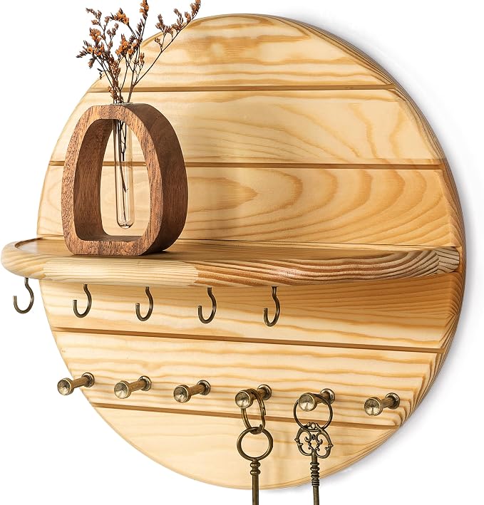 Rebee Vision Key Holder Wall Mount for Farmhouse Wall Decor, Natural Wood | Pine Wood, Round Wall Shelf, Key Hanger for Kitchen & Entryway, Letter Display, Plant & Mail Organizer, Farmhouse Home Decor