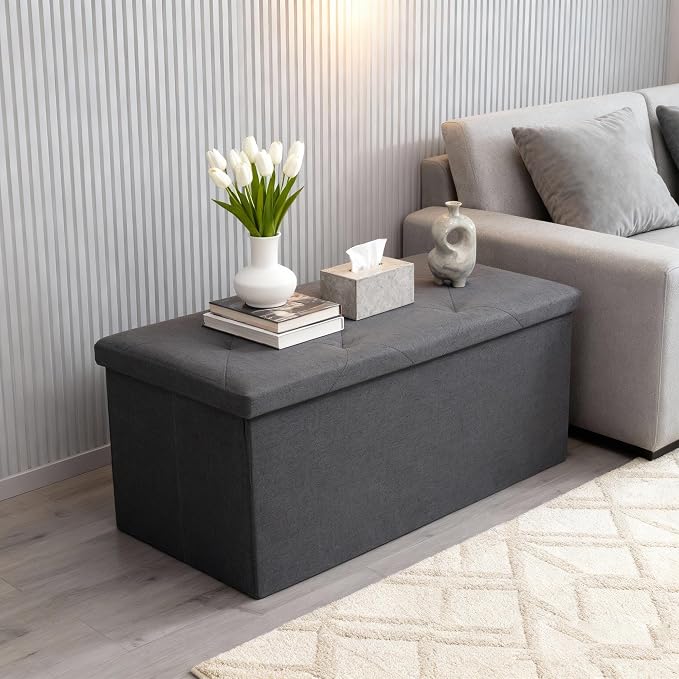 43 inch Storage Ottoman Bench, Folding Storage Bench Ottoman, for Bedroom, Living Room, and Utility Room, Grey (43.3'' W)
