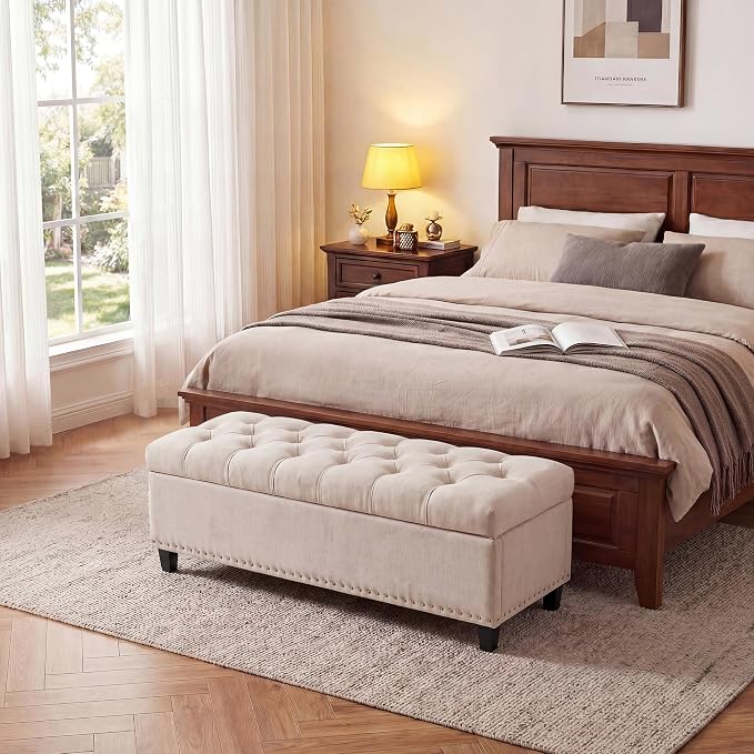 51" Extra Large Storage Ottoman Bench, Supports 660lbs End of Bed Storage Bench with Button-Tufted Upholstery and Safety Close Hinge, Upholstered Bench for Living Room, Bedroom, Entryway - Beige | End of Bed Storage Bench with Button-Tufted Upholstery,...