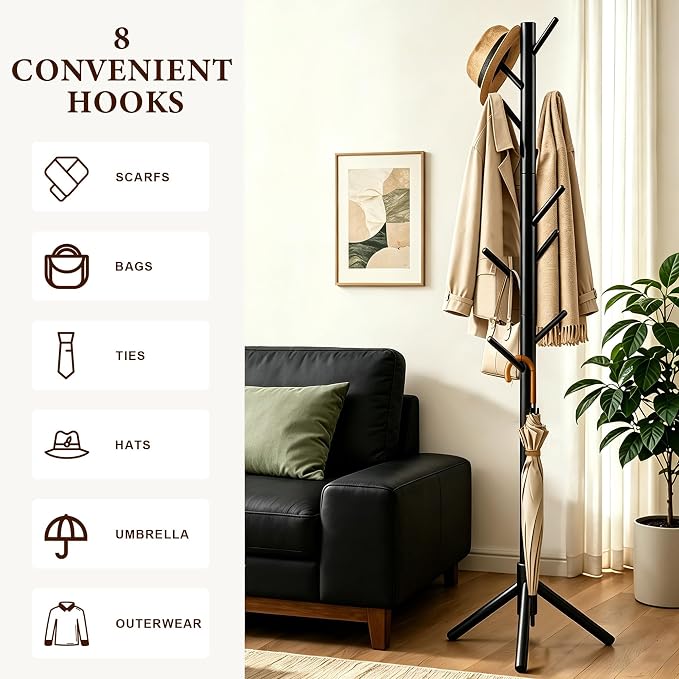 Wooden Coat Rack Freestanding with 8 Hooks & 3 Adjustable Sizes for Clothes, Space-Saving Design for Bedroom Office Entrance Holds Hats Coats Scarves Bags
