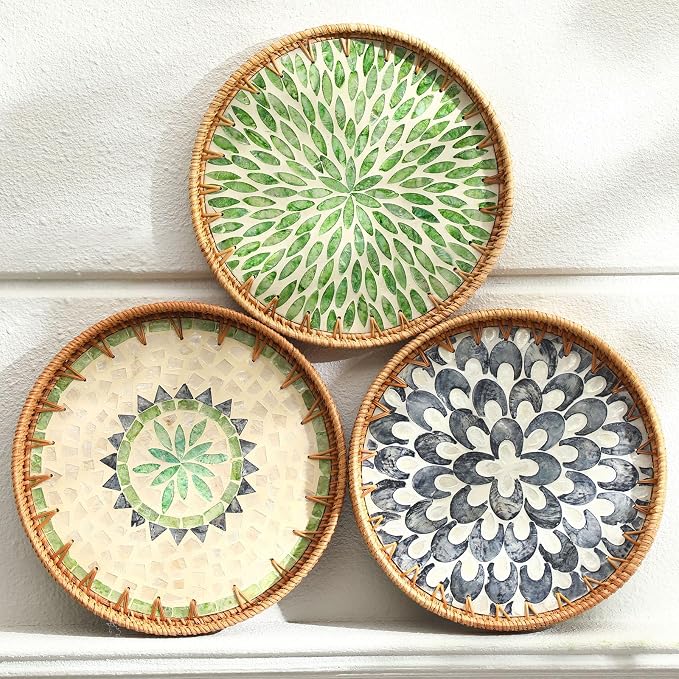 3 Pcs Round Rattan Tray with Mother of Pearl Inlay Wicker Serving Tray with Wooden Base Boho Decorative Wicker Basket for Table Decor Bathroom Candle Perfume(Classic Style)