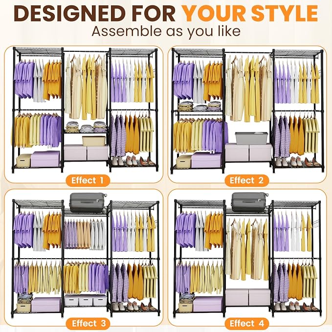 Heavy Duty Clothes Rack, Portable Closets with 6 Rods & 6 Shelves | Extra Large Clothing Rack for Hanging Clothes, Adjustable Metal Garment Rack 76.4"W x 15.7"D x 68.5"H, Hold 792 lbs, Black