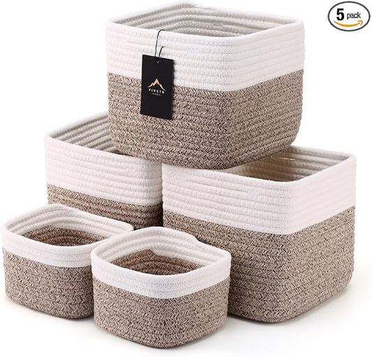 5-Pack Storage Cubes Woven Rope Baskets, 2 Sizes Organizer Bins | Ideal for Closet, Shelf, Bookshelf, Nursery, Changing Table, Cube Storage Bins, Storage Baskets for Bathroom Toy & Home