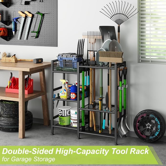 Garden Tool Organizer with Basket, 3-Tier Yard Storage Rack for Garage | 35 Long-Tool Slots: Steel rack adds 11 hooks, 10 small-tool slots, 2 metal clips and 4 leveling feet for sheds or yards.