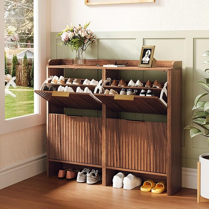 VINGLI 43.5" Large Shoe Storage Cabinet with 4 Fluted Flip Drawers, Slim Entryway Shoe Organizer with Curved Side Panels, Walnut Wood Shoe Rack for Hallway, High Capacity Hidden Shoe Shelf for Boots