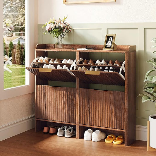 VINGLI 43.5" Large Shoe Storage Cabinet with 4 Fluted Flip Drawers, Slim Entryway Shoe Organizer with Curved Side Panels, Walnut Wood Shoe Rack for Hallway, High Capacity Hidden Shoe Shelf for Boots