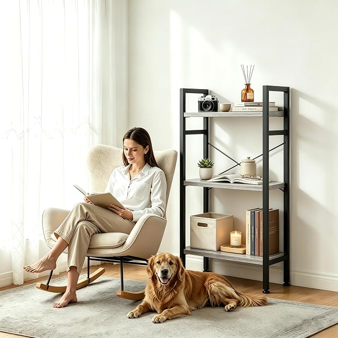 HealSmart 3 Tier Bookshelf, Free Standing Book Shelf Home Office Bookcase Shelf Storage Organizer for Bedroom, Bathroom, Living Room, Office, Balcony, Gray Wood