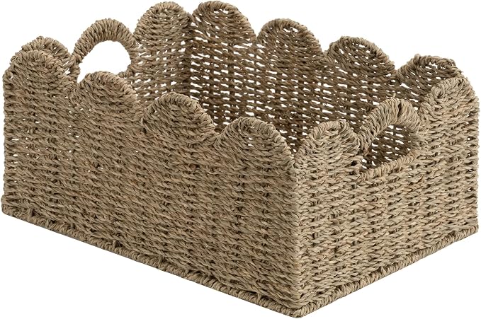 StorageWorks Scalloped Seagrass Baskets, Hand-woven Rattan Baskets with Built-in Handles, Cute Baby Basket for Nursery, Basket for Organizing and Decor, 15"L x 11"W x 6¾"H