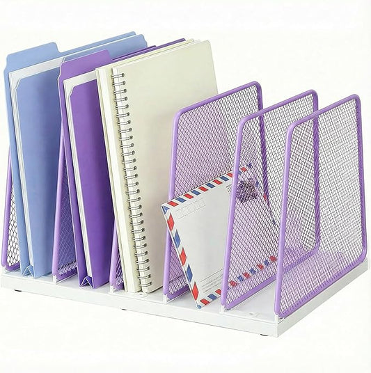 AUPSEN 5-Section File Organizer for Desk, Wood Mesh Desktop File Organizer, File Sorter Storage Rack, Vertical Folder Holder for Files, Magazines, Books (Purple)