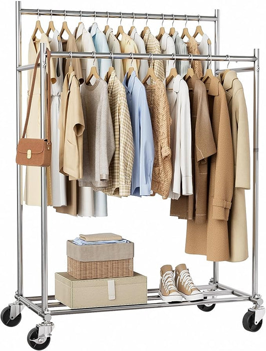 HYSEYY Clothes Rack,Double Rods Rolling Clothing Rack for Hanging Clothes load 400LBS,Portable Garment Coat Rack with Wheels Wardrobe Closet for Bedroom Laundry Room,Retail Store,Silver