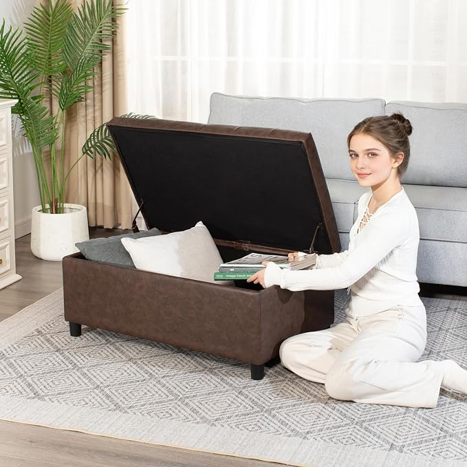 Joveco Rectangular Lift Top Storage Ottoman Bench, Faux Leather Storage Bench for Living Room Entryway Bedroom,Espresso
