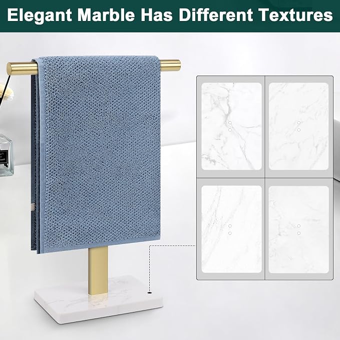 Hand Towel Holder, T-Shape Hand Towel Stand for Bathroom, Hand Towel Rack Bar Standing for Vanity Kitchen Countertop, 304 Stainless Steel, Marble Base (Gold)