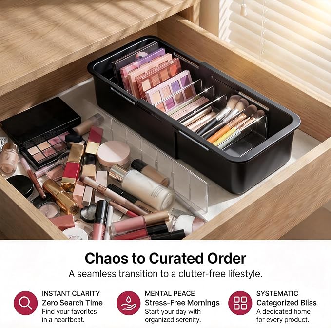 Li&Zhao Drawer Organizer- Adjustable Storage Bins with 5 Dividers, Gray Clear Drawer Organizer for Kitchen, Bedroom, and Office, Expandable clear organizer bins for Makeup, Utensils, and Gadgets