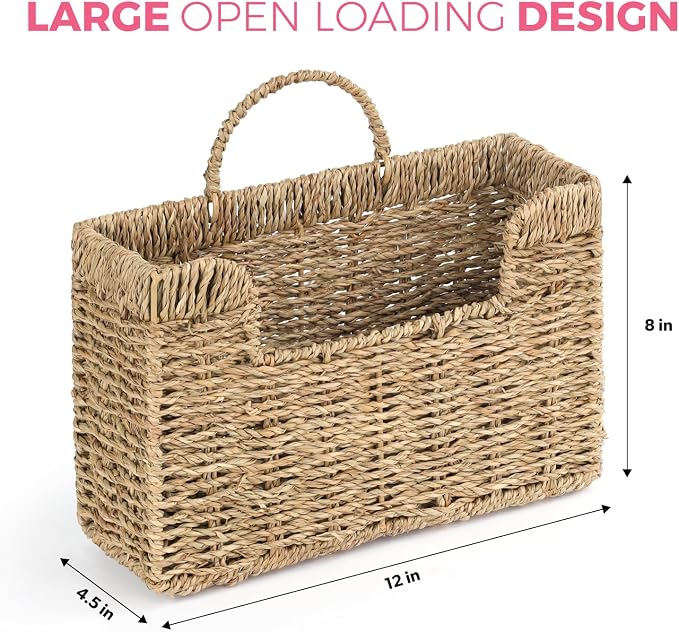 Handwoven Seagrass Wall Magazine Holder - Natural Hanging Organizer for Mail, Newspapers & Magazines, Books & Files - Decorative Boho Storage Basket for Entryway, Bathroom, Living Room, Office.