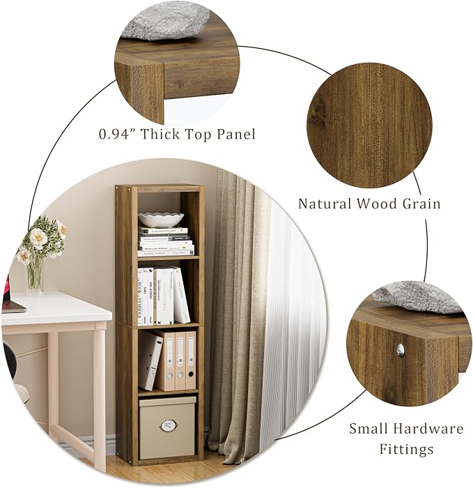 VDNEND Cube Storage Organizer Bookcase, Small 4 Tier 11 inch Open Back Cubical Shelf with Thickened Border, Display Bookshelf for Living Room, Home Office, Sturdy Room (Brown, 4 Cube,Vertical)