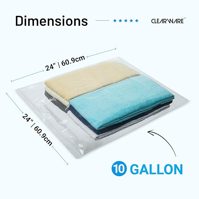 15 Count - Large Storage Bags With Zipper Top, 10 Gallon Size 24" x 24", Extra Large Plastic, For Clothes, Travel, Moving, BPA-Free, Heavy Duty 3-Mil Thick