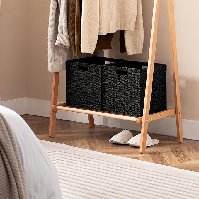 UBBCARE 2 Pack Wicker Basket, 11L×11H×10.5W inch Woven Paper Rope Storage Baskets for Shelves, Foldable Cube Storage bin with Handle, Storage Basket for Organizing & Decor, Black