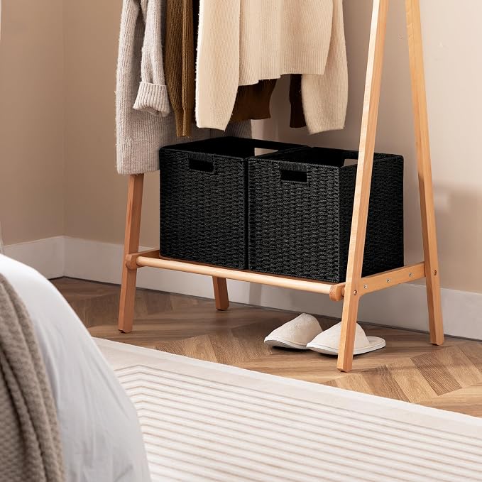 UBBCARE 3 Pack Wicker Basket, 11L×11H×10.5W inch Woven Paper Rope Storage Baskets for Shelves, Foldable Cube Storage bin with Handle, Storage Basket for Organizing & Decor, Black