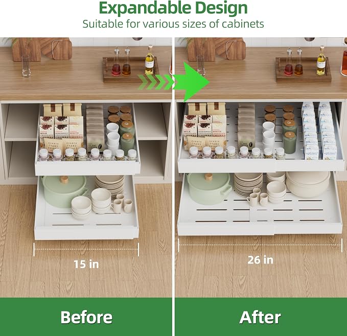 PAKETA 4 Pack Expandable Pull Out Cabinet Organizer,21" Deep | Pull Out Drawers for Cabinets with width from 15" to 26",Sliding Drawers for Cabinets with Upgrade 3 Slide Rails,hold 65 lbs