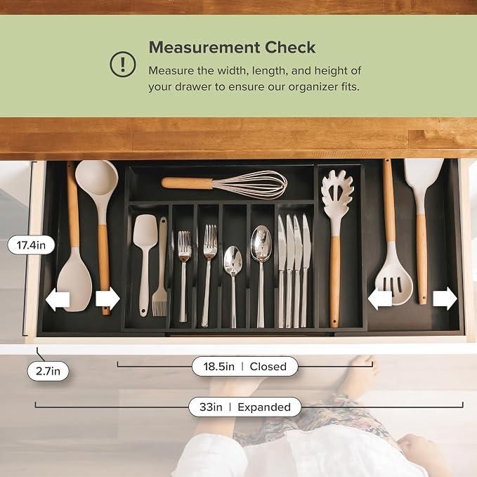 KitchenEdge Silverware & Utensil Drawer Organizer, 18-33 in, Black Bamboo | Cutlery, flatware, food-safe contract grade, kitchen drawer fit