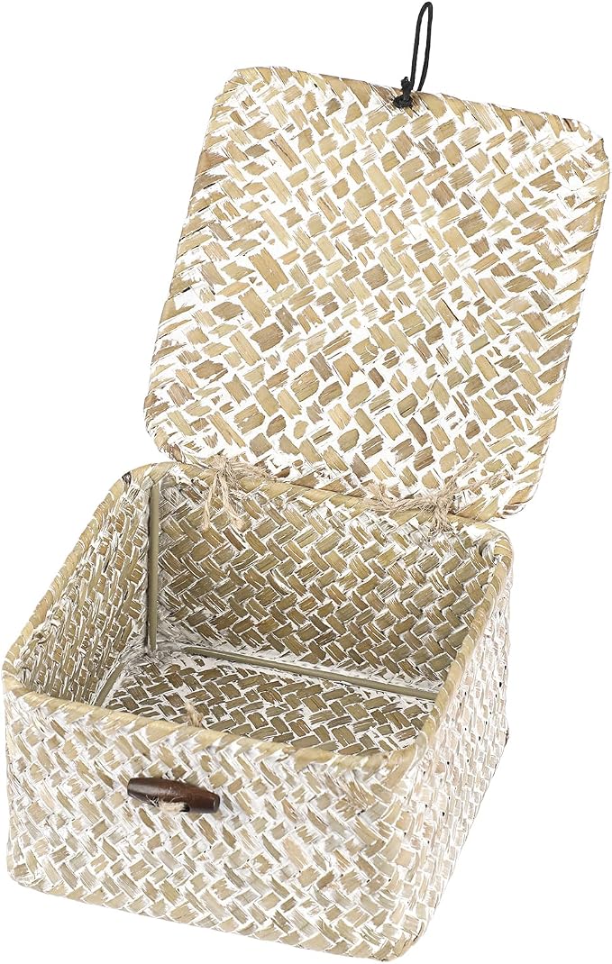 Hipiwe Wicker Shelf Baskets with Lid Woven Decorative Basket Bin, X-small | Handmade Natural Seagrass Storage Box, Household Organizer Bin for Shelf Bathroom Coffee Table Decor Organizer