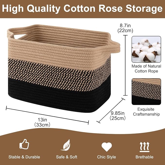 OIASKET Storage Basket for Organizing, Woven Baskets for Storage, Rectangle Decorative Baskets for Shleves, Closet, Toys, Books, Nursery Organizer Bins - Pack of 3 (Black & Brown, 13"x9.85"x8.7")