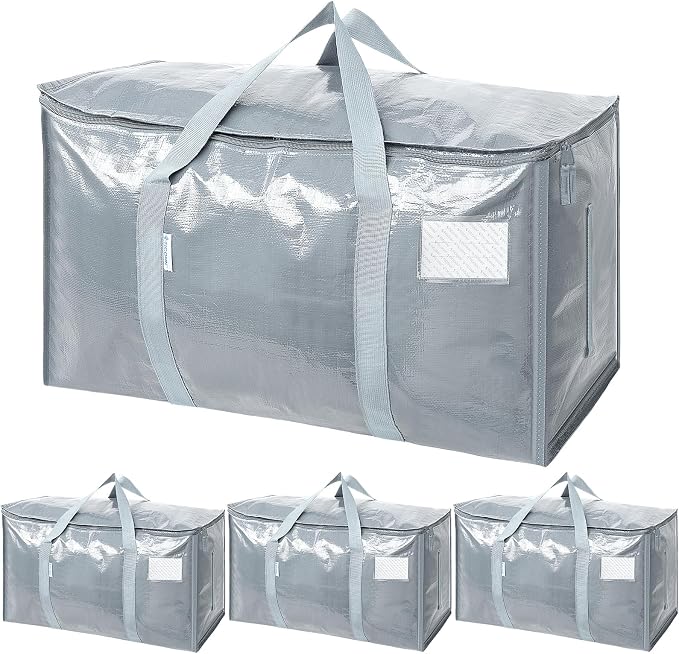 TICONN 4 Pack Extra Large Moving Bags Heavy Duty with Zippers & Carrying Handles, Durable Storage Bags Moving Boxes for Closet Organizers and Storage (4 Pack, Light Grey)