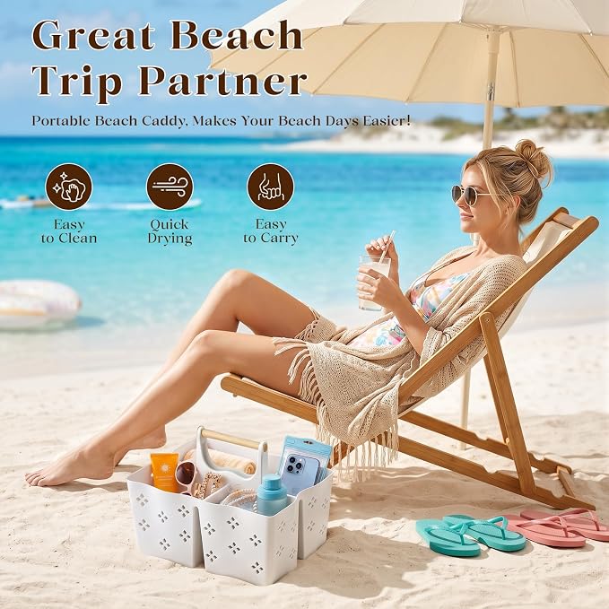 GVY Plastic Shower Caddy Portable, Large Capacity Shower Basket with Handle, Divided Bathroom Toiletry Organizer, Quick-Drain Shower Caddy for College Dorm Beach Kitchen Essentials, White.
