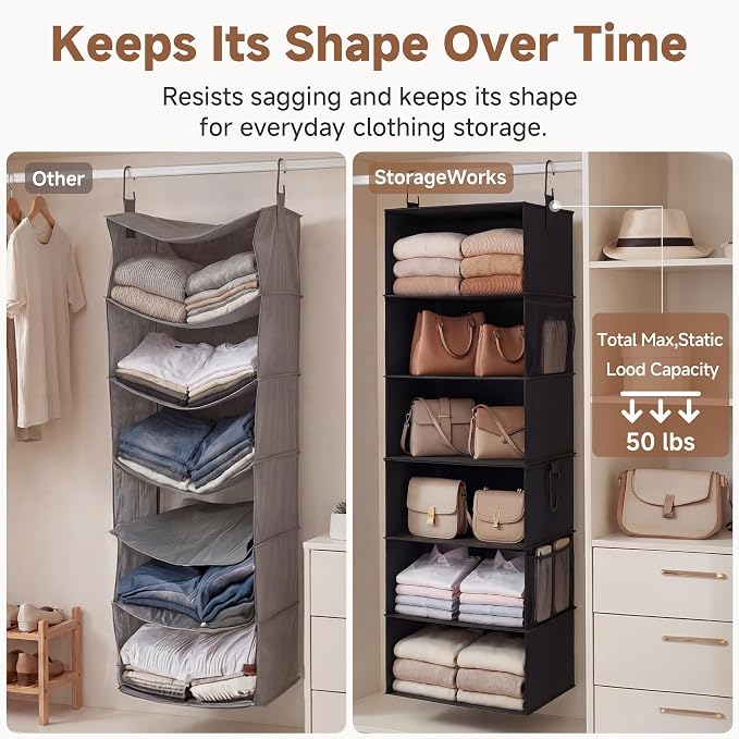 StorageWorks Hanging Closet Organizer 6-Shelf, Jumbo Separable Two 3 Shelf Closet Storage Organizer with Side Pockets, Portable Hanging Shelves for Wardrobe, RVs, 13 "D x 15 "W x 47 ¼"H, Black