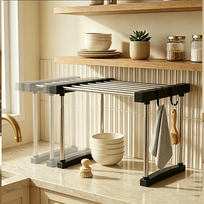BLULEE Expandable Under Sink Organizer, No-Drill Adjustable Shelf | Custom fit around pipes cabinet rack for bathroom vanity and kitchen pantry, supporting heavy laundry supplies.