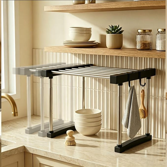 BLULEE Expandable Under Sink Organizer, No-Drill Adjustable Shelf | Custom fit around pipes cabinet rack for bathroom vanity and kitchen pantry, supporting heavy laundry supplies.