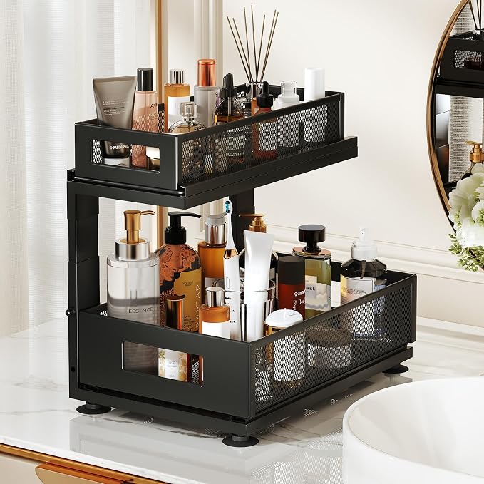 2 Pack Under Sink Organizer with Next-Gen Ball-Bearing Slides,2-Tier Pull Out Cabinet Storage,Height Adjustable Drawer Shelf for Bathroom,Kitchen,Laundry,Cabinet,Pantry(Patent Pending)