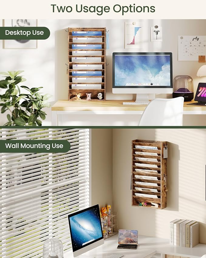 CHOEZON Wall File Organizer, 10-Tier Hanging Mail Organizer, Wall Mount File Holder with 4 Side Hooks, Mail and Storage Organizer, Wooden Vertical Hanging Holder for Office, Rustic Brown MWJ03FG
