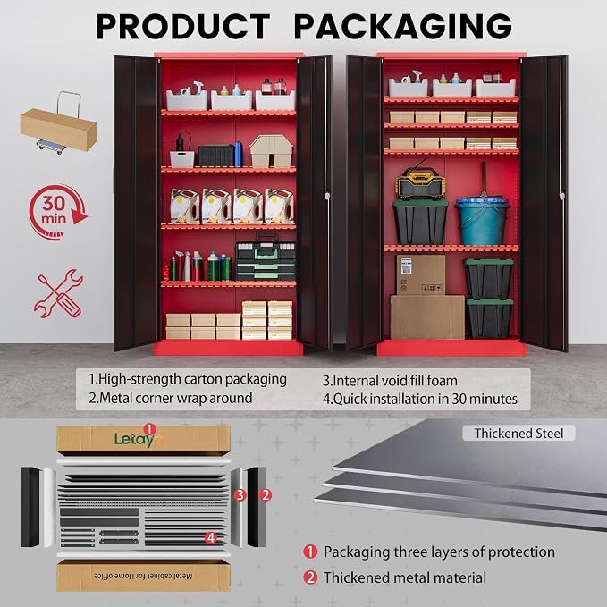 Letaya Metal Storage Cabinets with Lock, 72" Tall Locker Organizer Steel Cabinets, Adjustable Layers Shelves 2 Doors for Home, Office, Warehouse,Garage(Black Red)