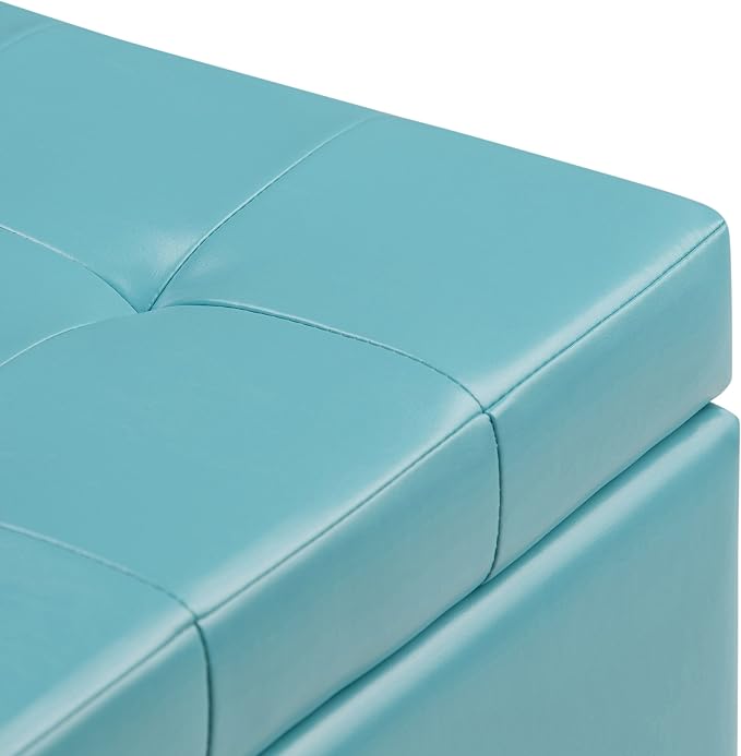 SIMPLIHOME Dover 36" Wide Vegan Leather Storage Ottoman in Grey | Transitional storage ottoman with tufting and lift-up lid; rectangle storage bench for living room or entryway.