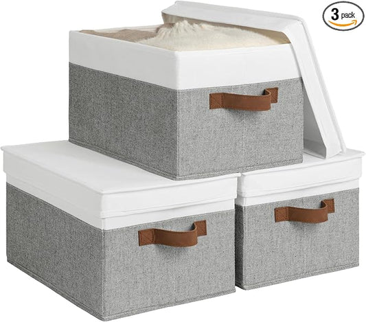 StorageWorks Fabric Storage Bins with Lids, Decorative Storage Bins with PU Handles, Foldable Storage Baskets for Closet, Shelves, Stackable and Sturdy Organization, Gray and White, Large, 3-Pack