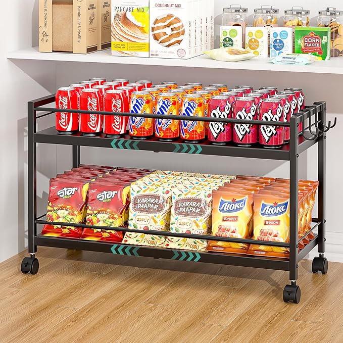 2 Pack 2-Tier Expandable Rolling Pantry Cart with Wheels, Adjustable Floor Organizer for Kitchen Pantry, Can Organizer for Pantry, Storage Cart for Snack, Food, Vegetables, Black, Patent Pending